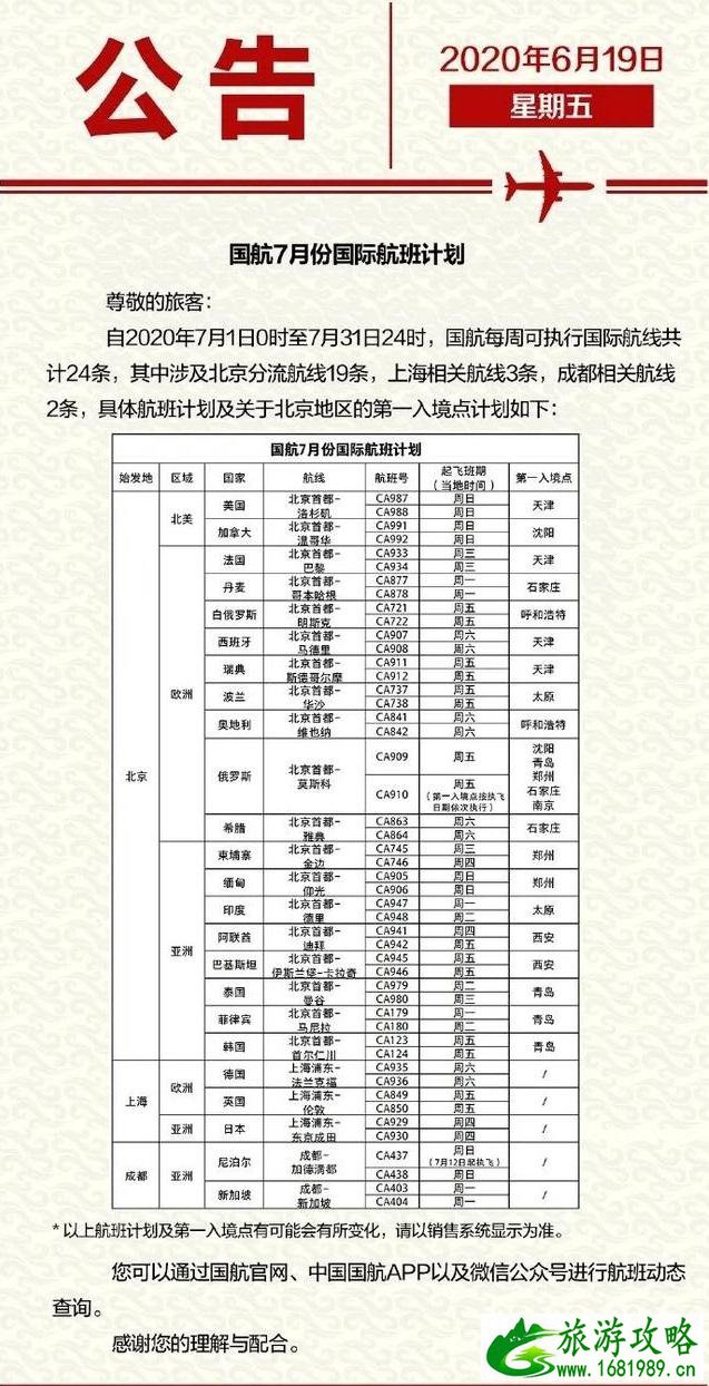国内各大航空公司7月国际航班计划盘点