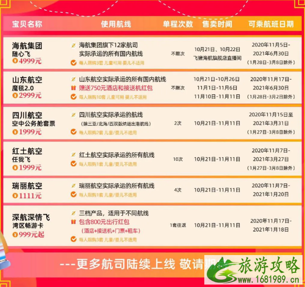 2020双十一航司随心飞优惠活动汇总 2020双十一航司随心飞优惠活动汇总